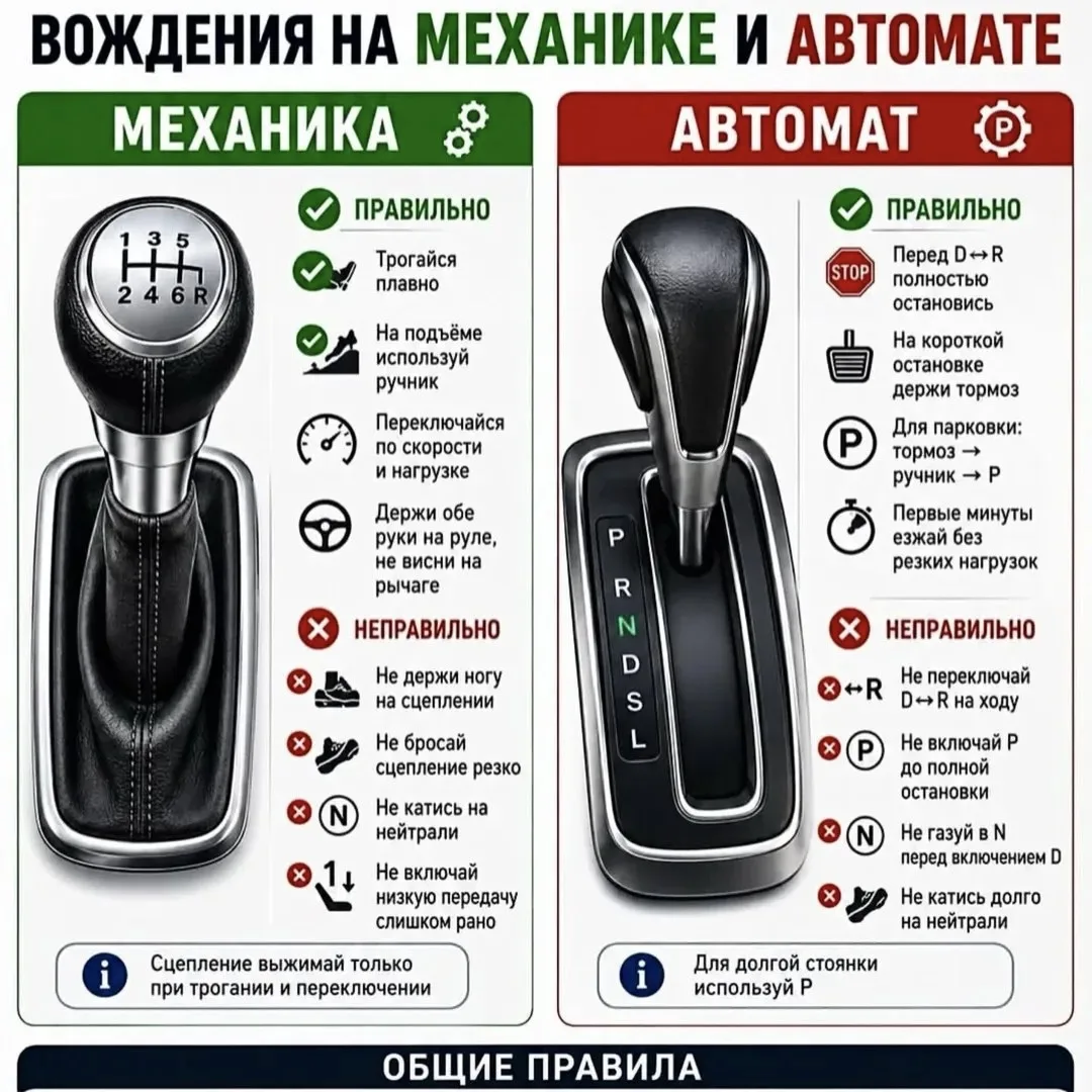 ВОЖДЕНИЕ НА МЕХАНИКЕ И АВТОМАТЕ: ОБЩИЕ ПРАВИЛА.

Авто Поток | ПДД | Новости