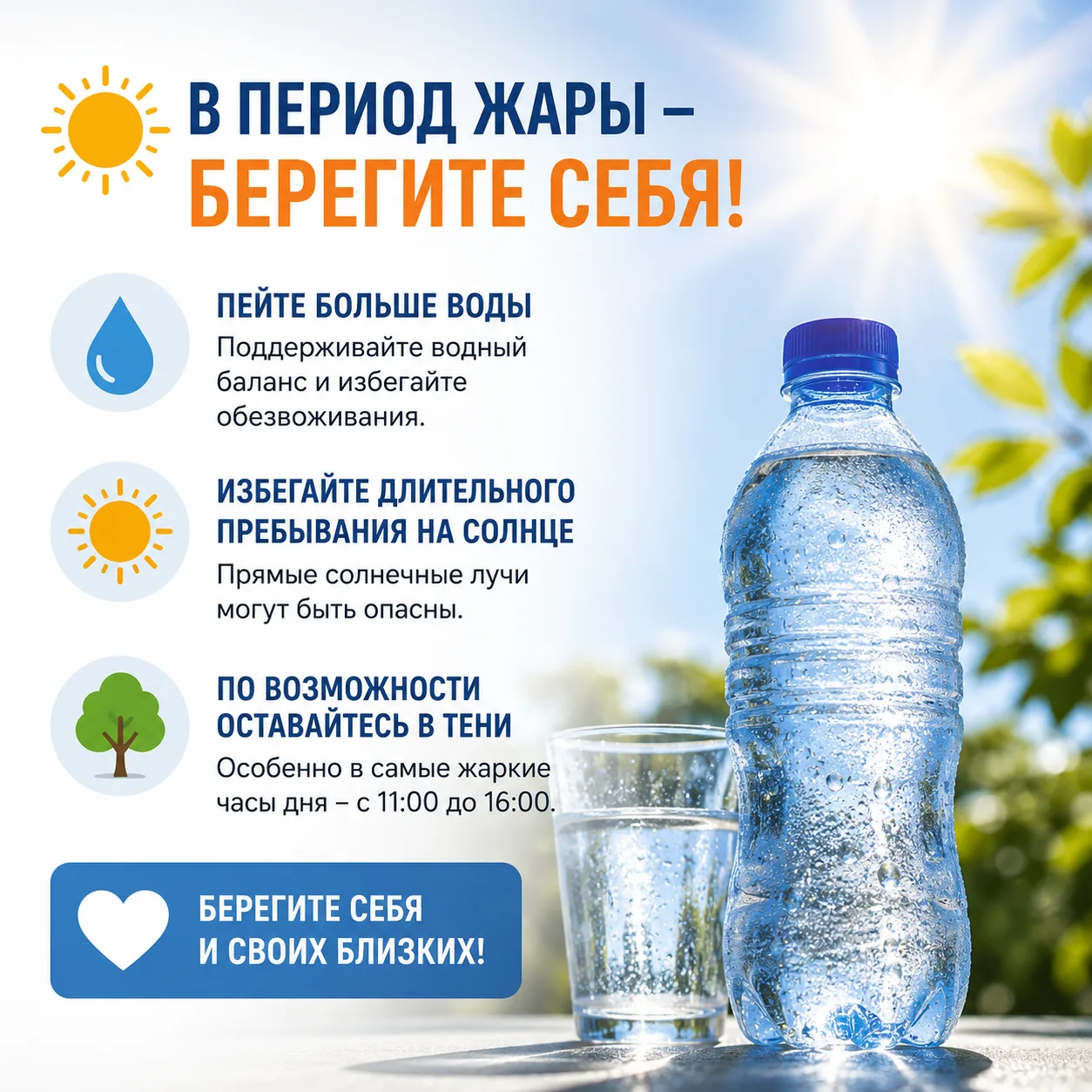 ☀️ В период жаркой погоды берегите свое здоровье!
Пейте больше чистой воды, избегайте длительного пр