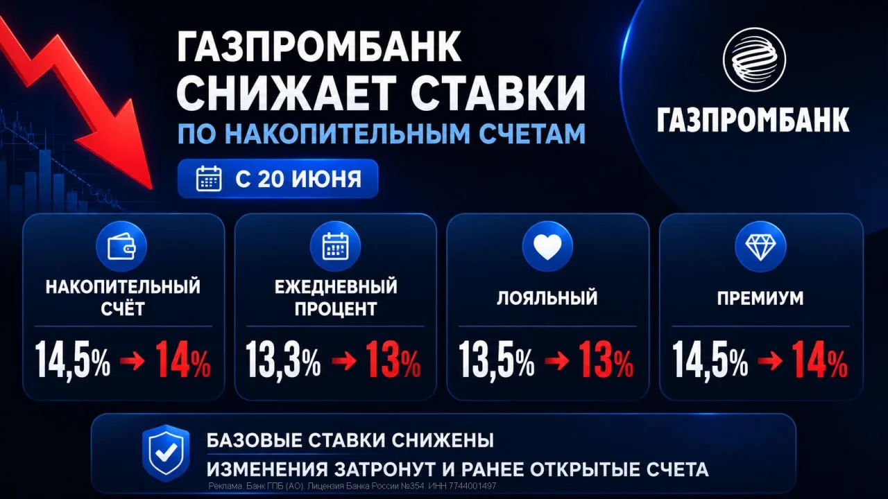 😃 ГПБ снижает ставки по НС с 20 июня

⚡ Газпромбанк быстро среагировал на снижение ключевой ставки 