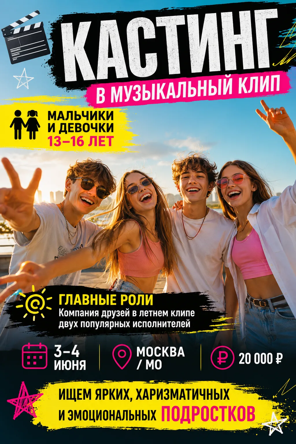 🎬 МОСКВА / МО | КАСТИНГ В МУЗЫКАЛЬНЫЙ КЛИП

☀️ Для съёмок летнего клипа двух очень популярных испол