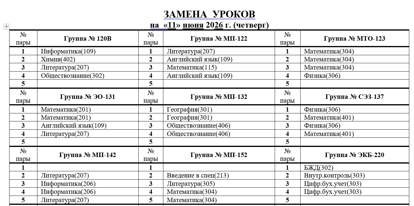 Изменения в расписании на 11.06