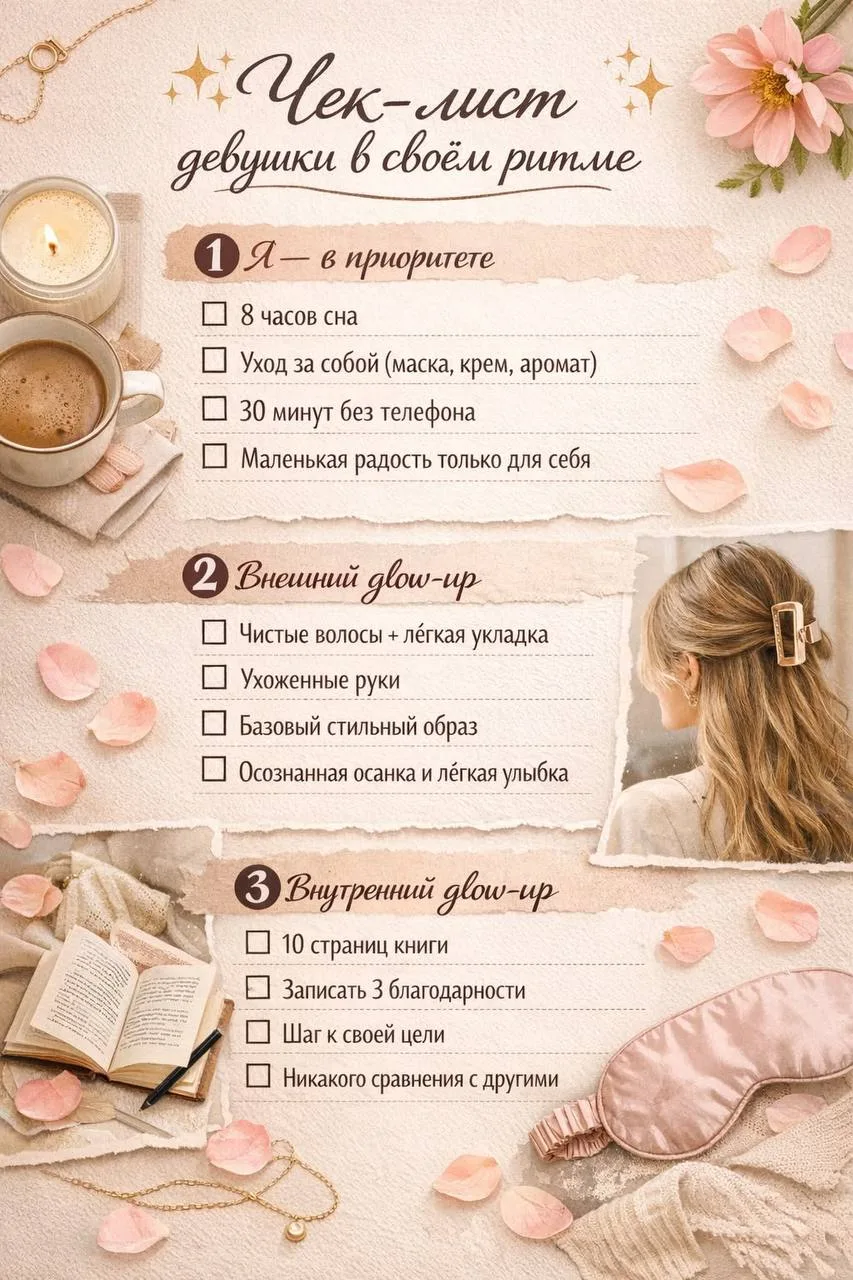 ✨ Чек-лист девушки в своём ритме ✨

💖 Я не спешу — я живу в своём темпе
🧘‍♀️ Я выбираю состояние, 