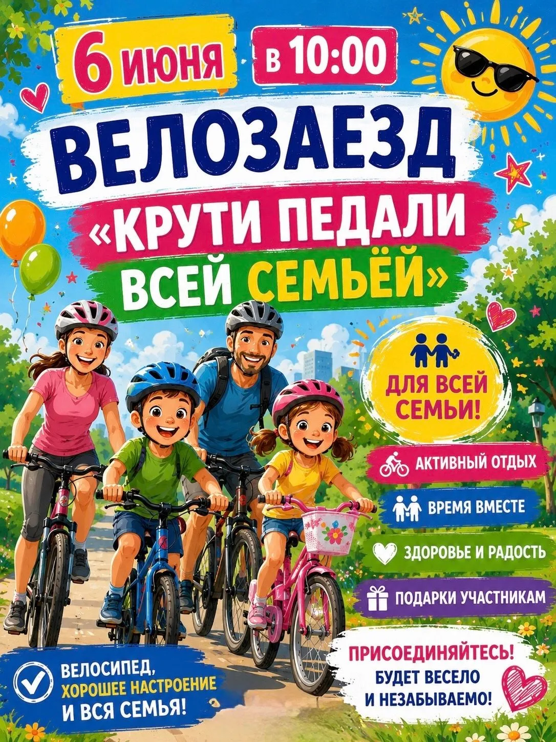 🚴‍♀️🌞 Друзья, готовы к самому яркому семейному событию этого лета? 🌞🚴‍♂️

Приглашаем всех на вел