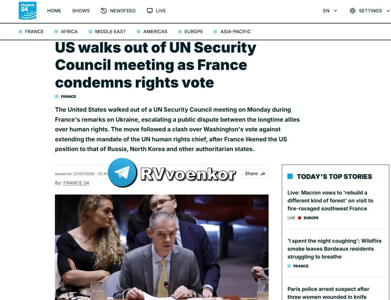‼️🇺🇸🇺🇦США покинули заседание ООН во время выступления Франции по Украине

▪️Этот демарш на Совбе