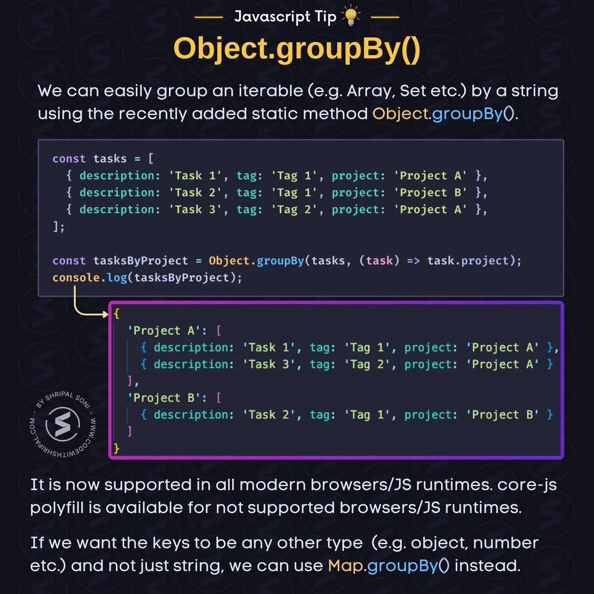 Совет по JavaScript 💡  

Упрощайте группировку данных с помощью Object.groupBy() или Map.groupBy() 
