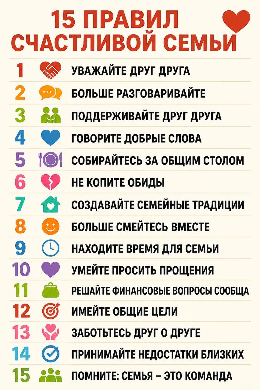 15 правил счастливой семьи:

1. Уважайте друг друга.
 Даже во время споров старайтесь не обижать и н