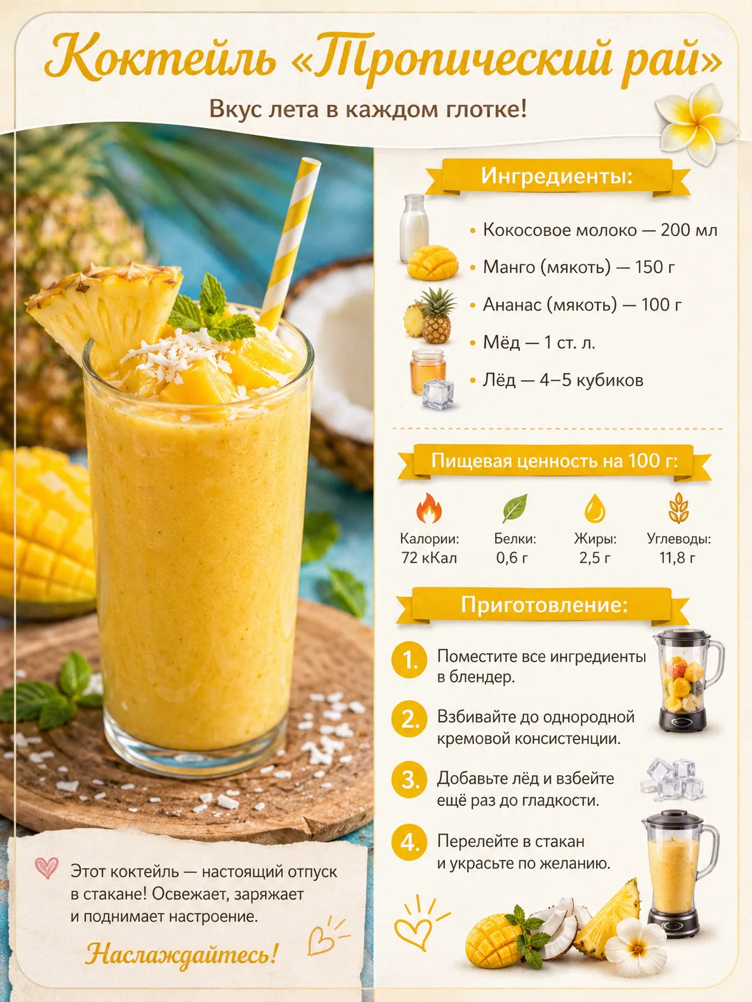 🍹 Коктейль  Тропический рай

🥑 Семейная кухня