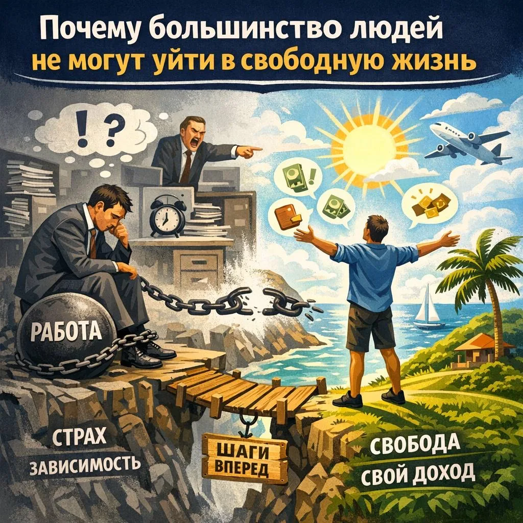 Почему большинство людей не могут уйти в свободную жизнь 🚧

Мы привыкли считать, что главная пробле