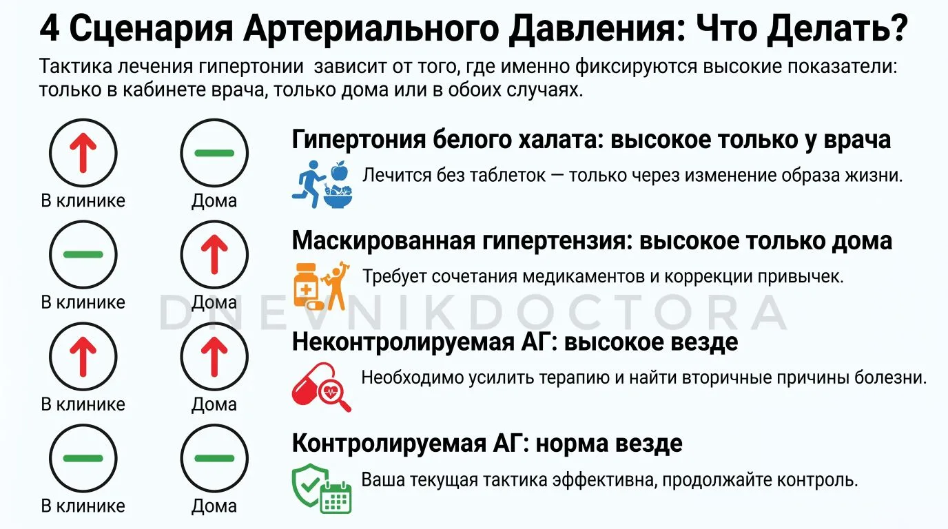 Варианты течения артериальной гипертензии и наиболее вероятная тактика:

✔️ 1) ГИПЕРТОНИЯ БЕЛОГО ХАЛ