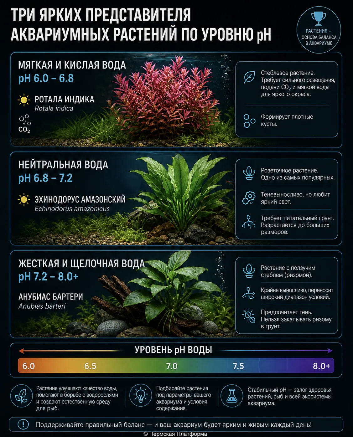 🌿 ТОП-3 ярких представителя аквариумных растений: подбираем под кислотность воды! 💧

Каждое растен