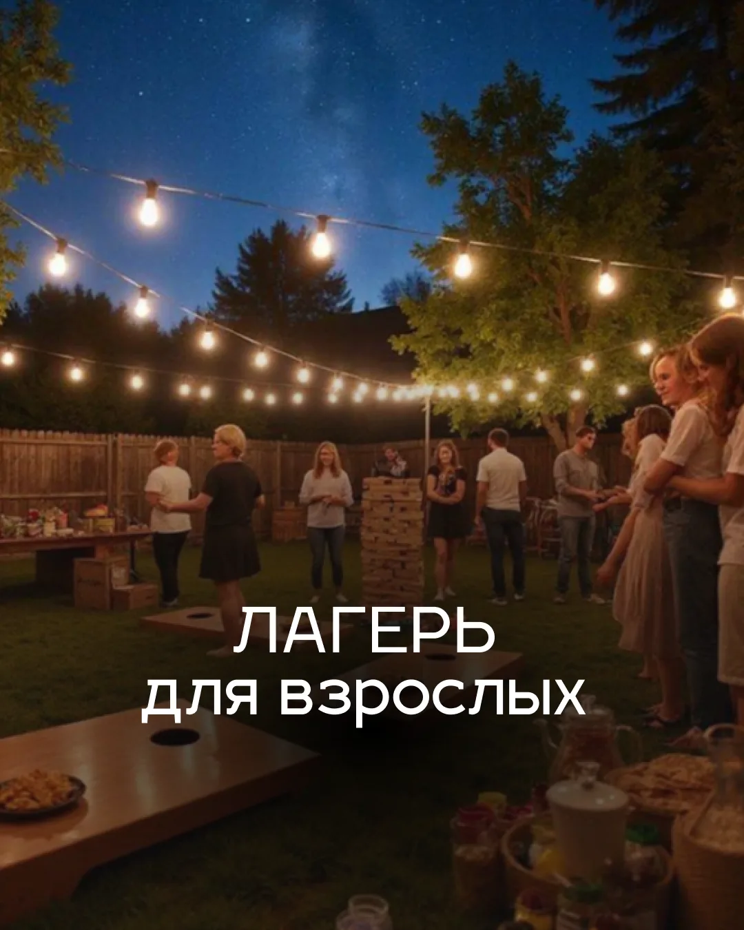 🏕️ ЛАГЕРЬ ДЛЯ ВЗРОСЛЫХ
24 ИЮЛЯ | ПЯТНИЦА | 17:00

💰 34 999 ₽
Вернуться к живому общению, костру и 
