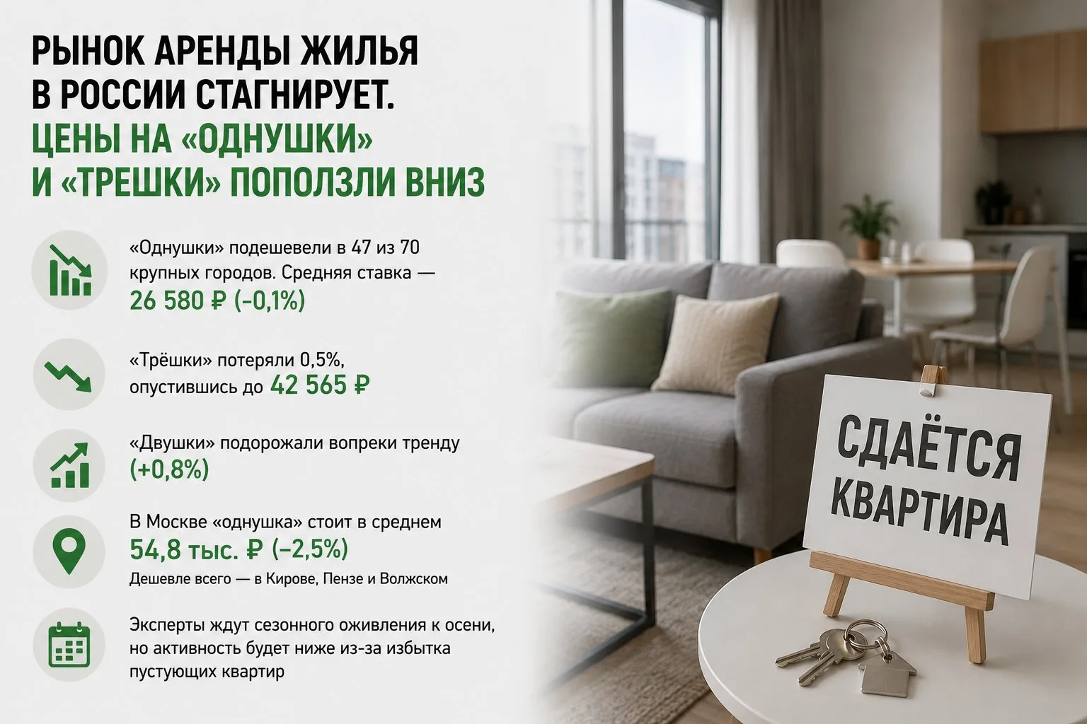 Рынок аренды жилья в России стагнирует. Цены на «однушки» и «трешки» поползли вниз

Предложения за м