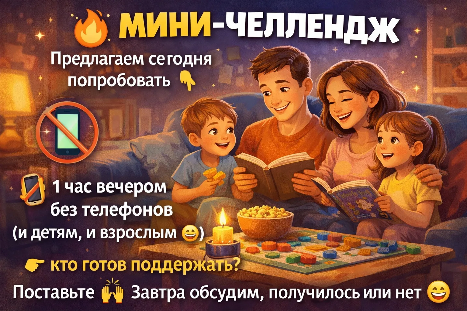 🔥 МИНИ-ЧЕЛЛЕНДЖ

Предлагаем сегодня попробовать 👇

📵 1 час вечером без телефонов
(и детям, и взро