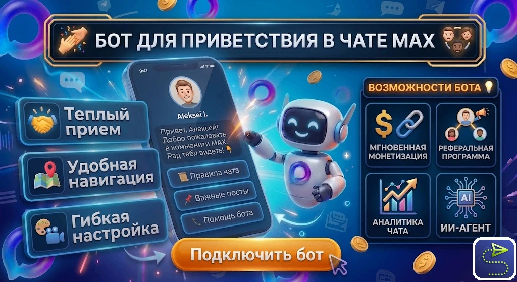 БОТ ДЛЯ ПРИВЕТСТВИЯ В ЧАТЕ МАХ
Создайте идеальное первое впечатление для новых участников и автомати