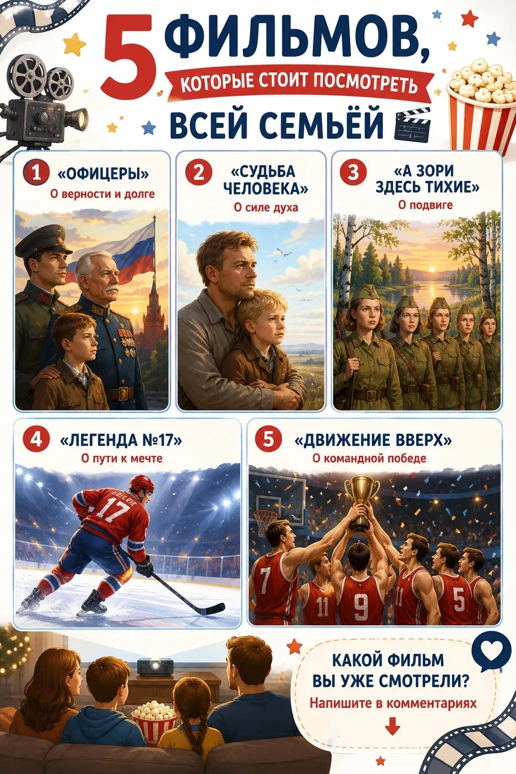 5 фильмов, которые стоит посмотреть всей семьёй

🎬 1. «Офицеры» — о верности и долге 2. «Судьба чел