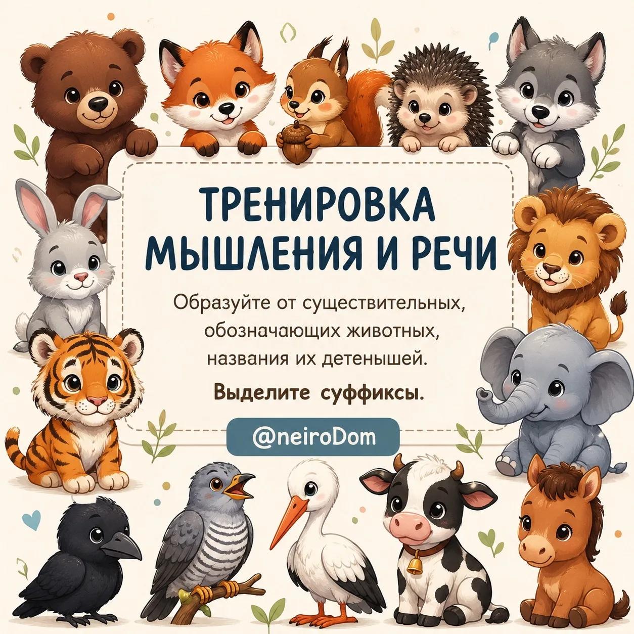 🎙Тренировка мышления и речи. 

Образуйте от существительных, обозначающих животных, названия их дет