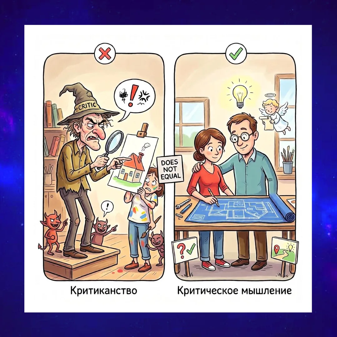 Критическое мышление ≠ критиканство

Важно не путать.

❌ Критиканство — искать недостатки, чтобы