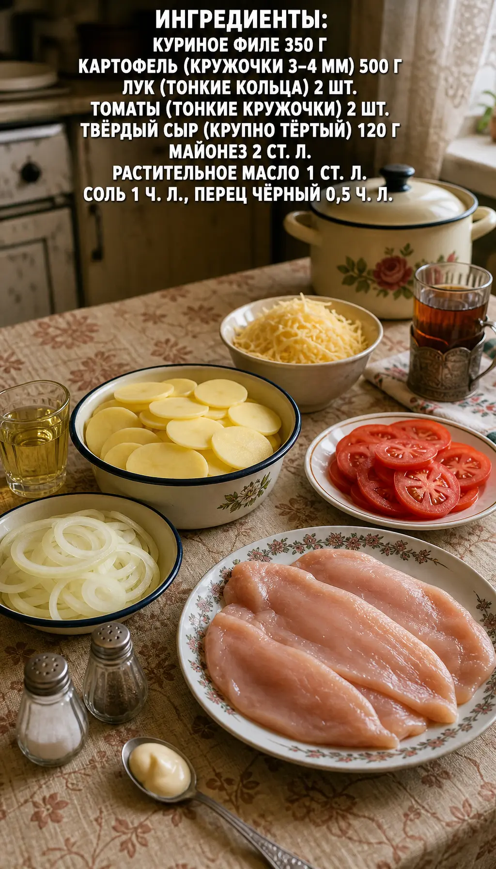 Курица по-французски
как в советской столовой 🍲
Ингредиенты:
куриное филе — 350 г
лук — 2 шт.
томат