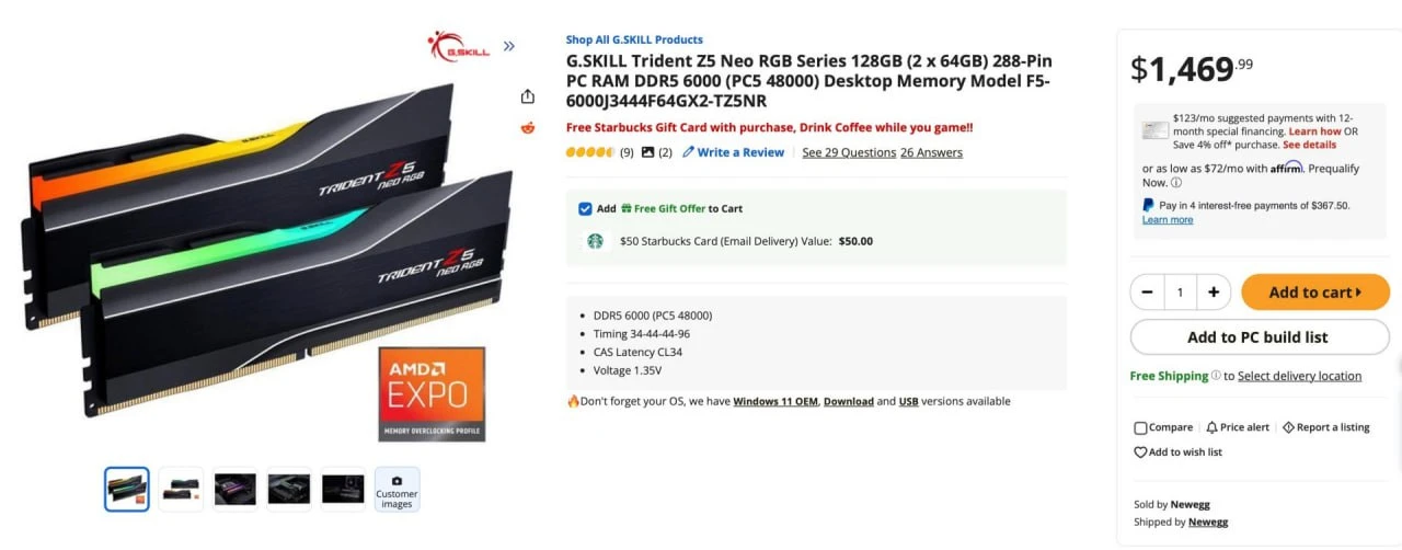 Оперативка за $1.500 с «бонусом» на кофе

Магазин Newegg предлагает купон на $50 в Starbucks при пок