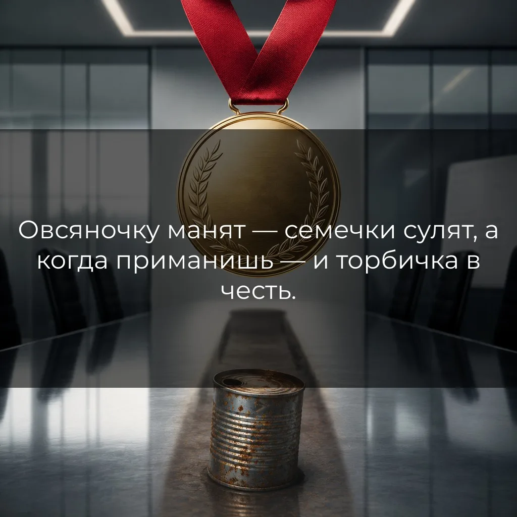 Овсяночку манят — семечки сулят, а когда приманишь — и торбичка в честь.

В деловой практике широко 
