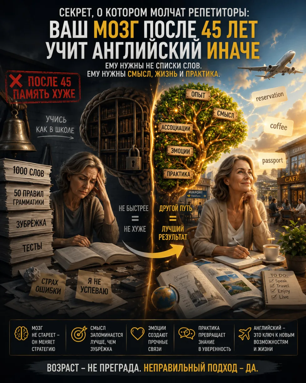 СЕКРЕТ, О КОТОРОМ МОЛЧАТ РЕПЕТИТОРЫ: ВАШ МОЗГ ПОСЛЕ 45 ЛЕТ УЧИТ АНГЛИЙСКИЙ ЛУЧШЕ, ЧЕМ ВЫ ДУМАЕТЕ?
 
