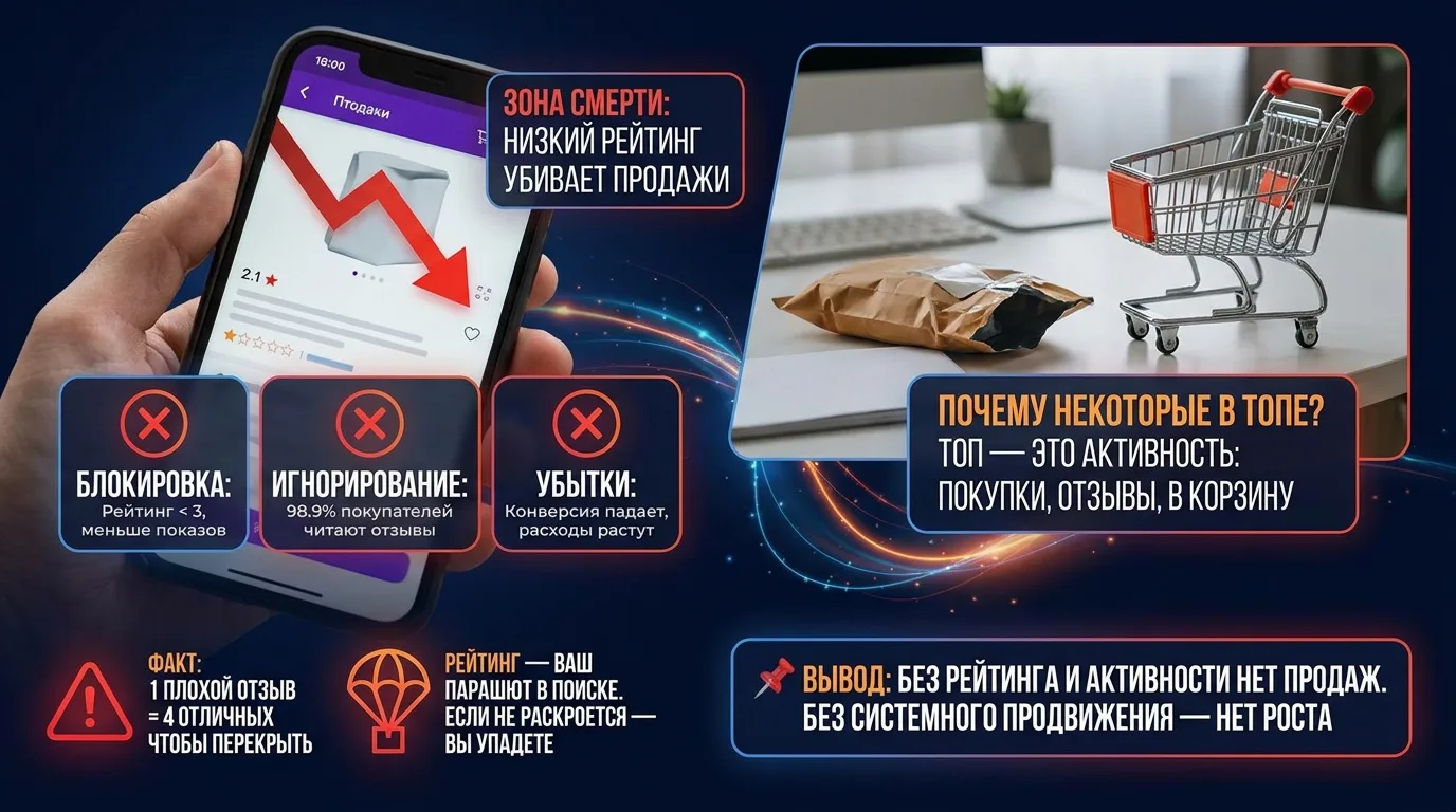 💀 Смертельная зона: как низкий рейтинг товара убивает продажи

Один негативный отзыв — и карточка м