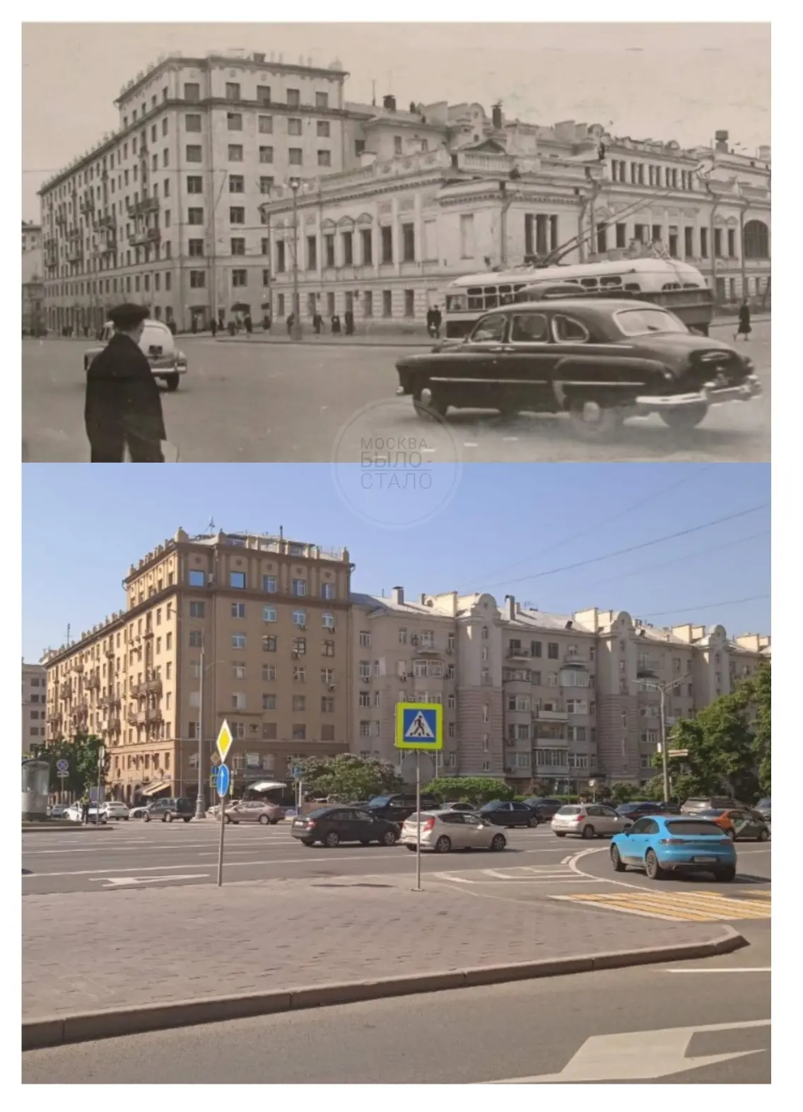 Улица Чайковского (сейчас Новинский бульвар) в 1957 году. Теперь здесь перекрёсток с Новым Арбатом (