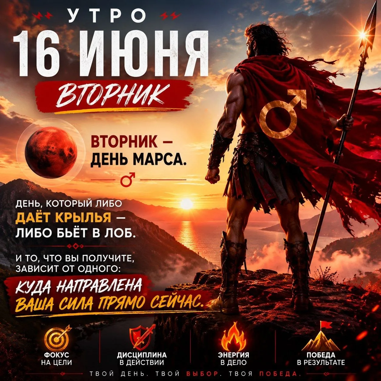 УТРО 16 ИЮНЯ, ВТОРНИК ⚡️

Доброе утро, дорогие ✨

Вторник — день Марса. День, который либо даёт крыл