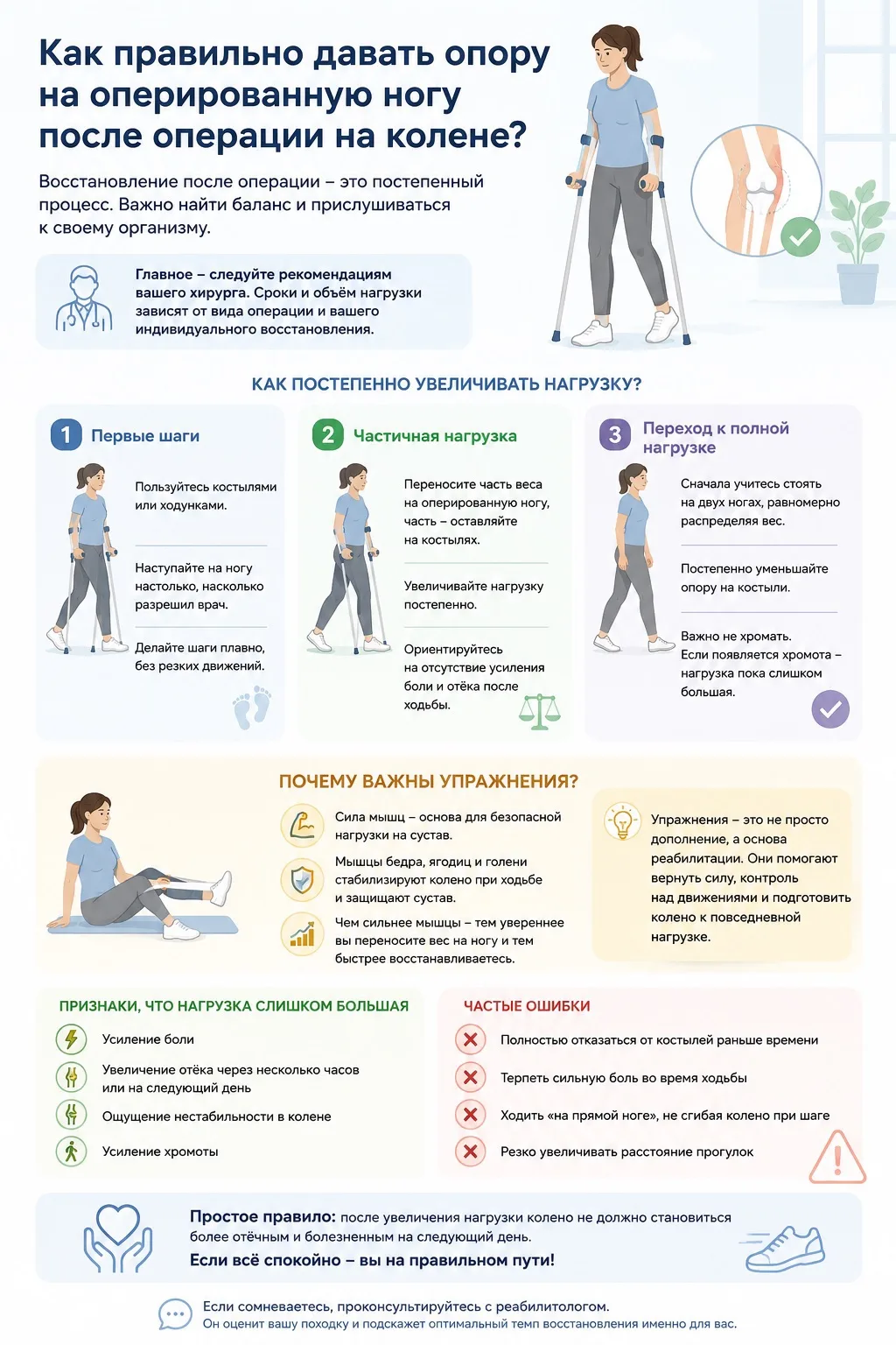 Как правильно давать опору на оперированную ногу после операции на колене?

После операции многим ст