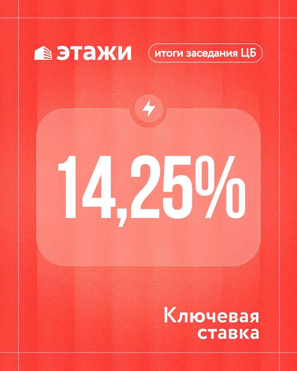🟥 ЦБ РФ снизил ключевую ставку на 0,25 п.п. — до 14,25%

Это уже девятое снижение подряд.

Следующе