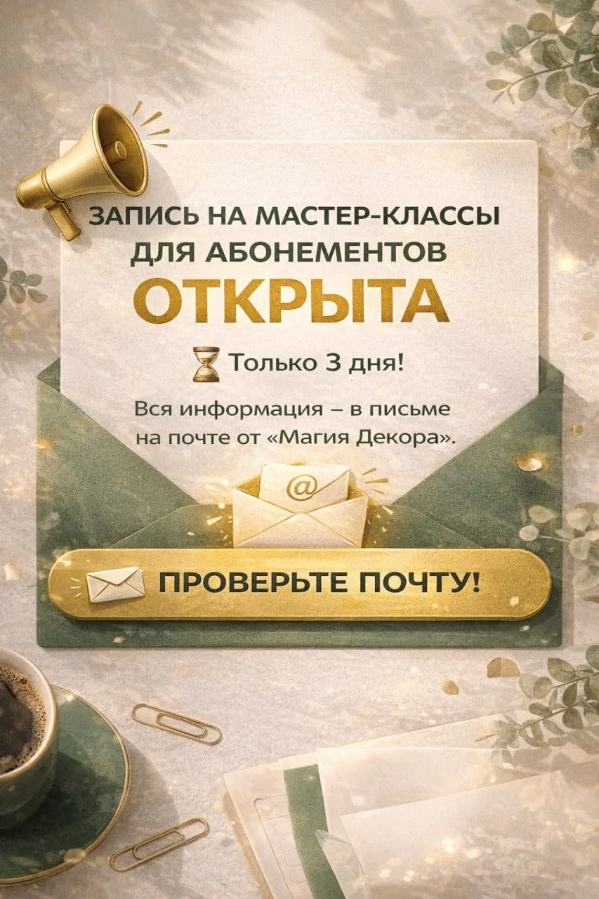 ЗАПИСЬ НА МАСТЕР-КЛАССЫ ДЛЯ АБОНЕМЕНТОВ ОТКРЫТА
 Только 3 дня!
Вся информация — в письме на почте от