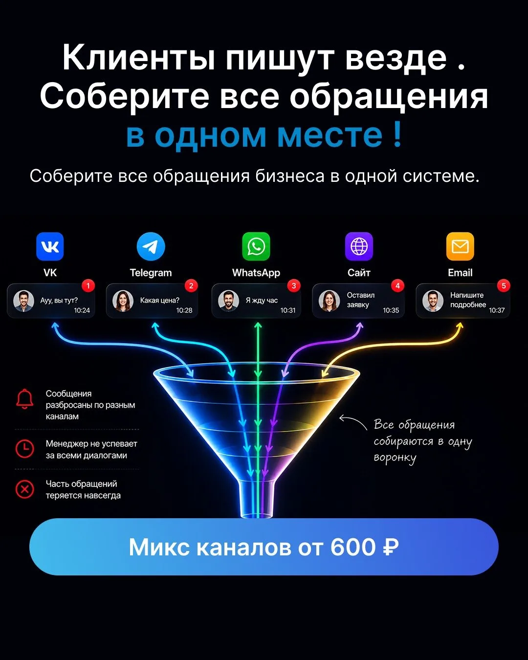 Объединяйте сообщения из всех мессенджеров в одном окне

Хотетие получить единое окно для сбора и об