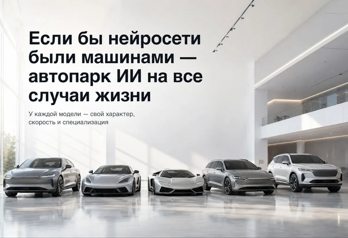Заходим в гараж — а там целый автопарк.

Не простой, а ИИшный. Каждая нейросеть — как машина со свои