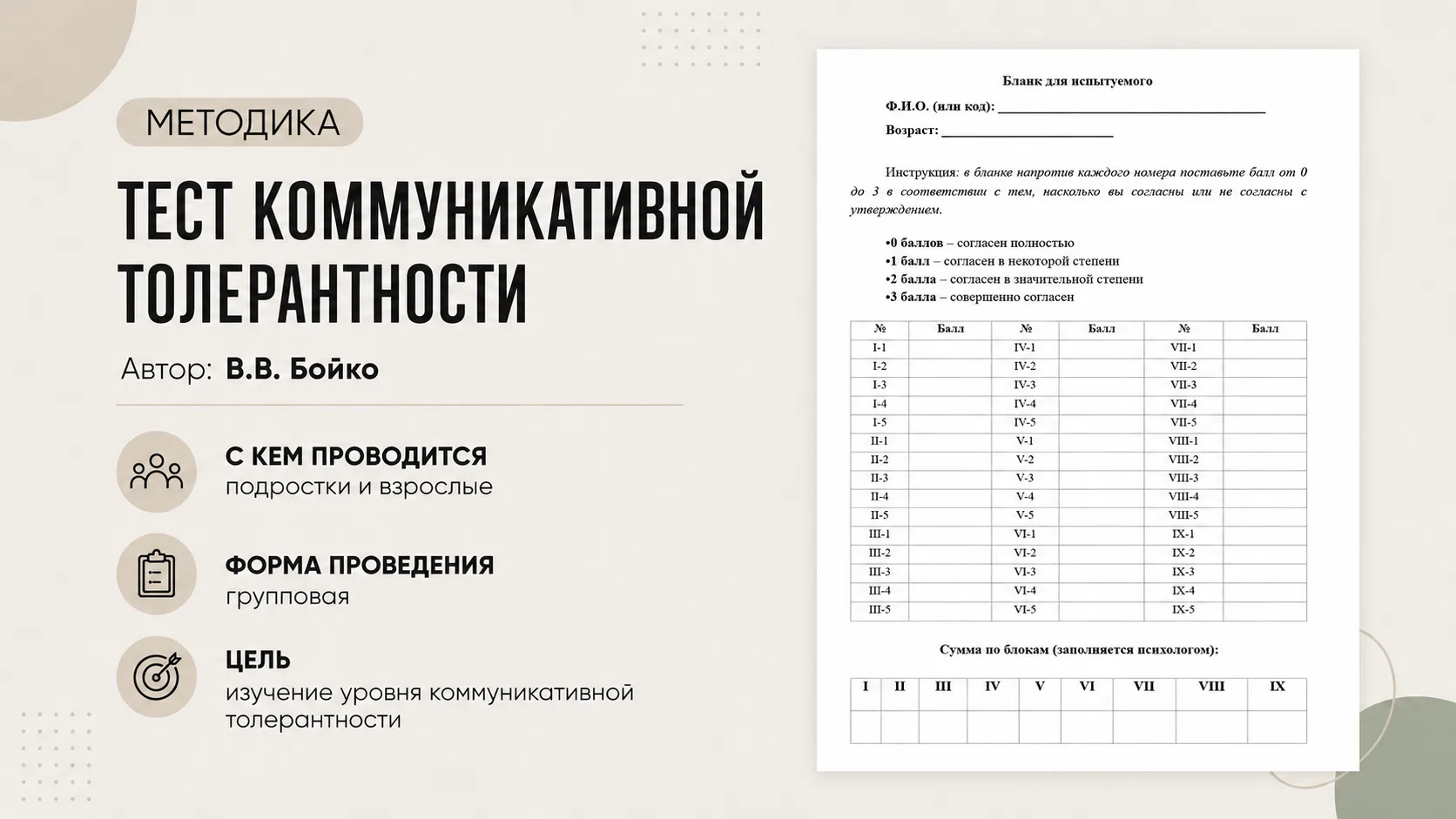 📝Тест коммуникативной толерантности
Автор: В. В. Бойко

📎Цель: изучение коммуникативной толерантно
