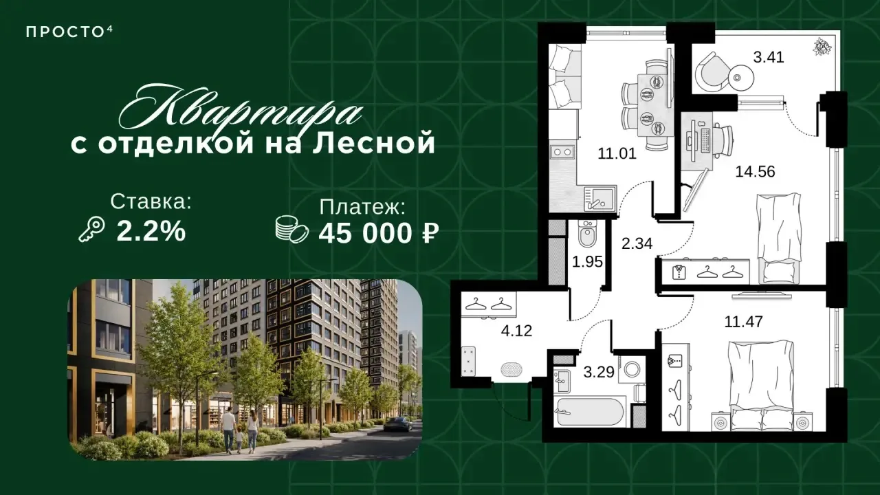 Самая низкая ставка 2.2% на двухкомнатную квартиру на Лесной 

Современный проект на севере Петербур