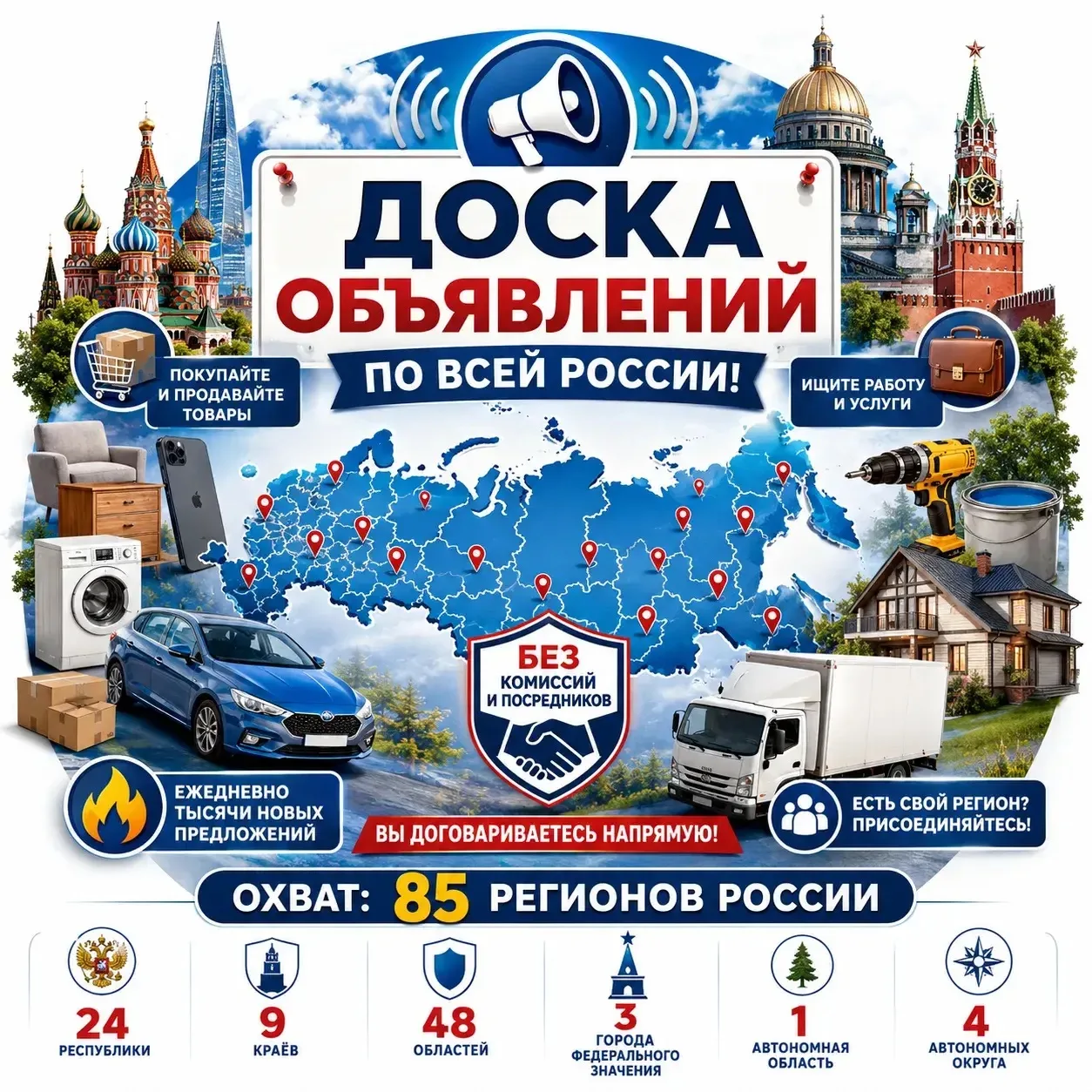 📢 Доска объявлений по всей России!

📍 Охват 85 регионов России 

🚛 Покупайте и продавайте товары,
