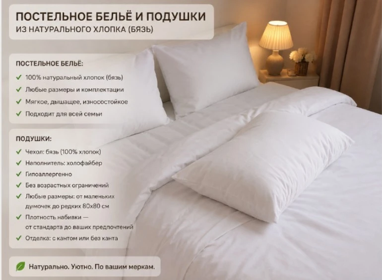 Постельное бельё и подушки из натурального хлопка по вашим меркам! 

Создайте идеальные условия для 