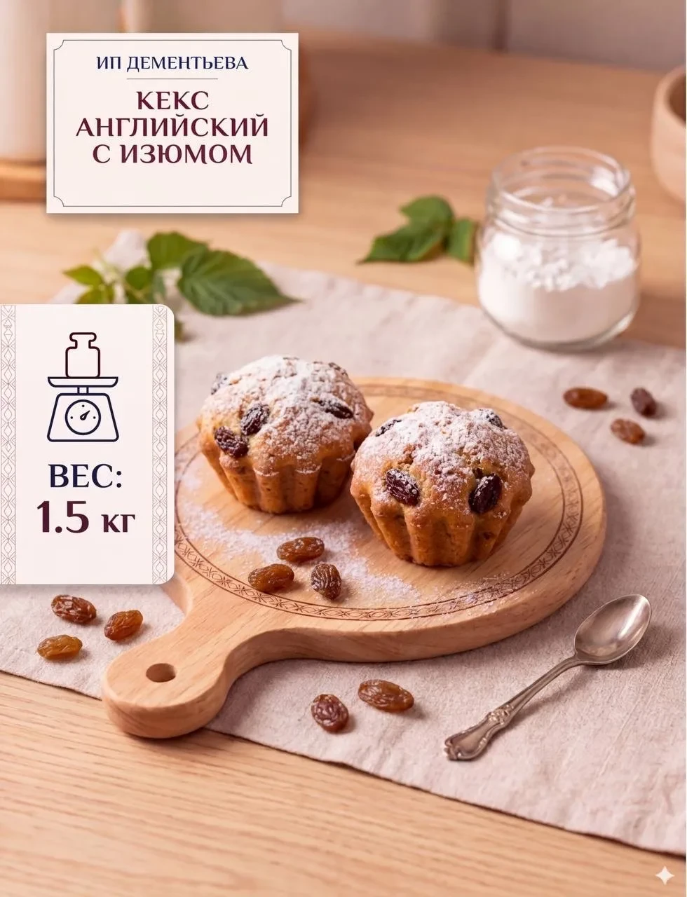 Кекс с изюмом
— розница — 406 ₽/кг
— мелкий опт (упаковка 1,5 кг) — 374 ₽/кг