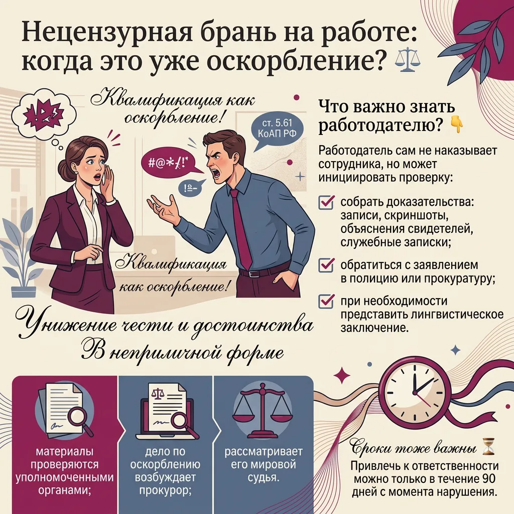 Нецензурная брань на работе: когда это уже оскорбление? ⚖️

Если сотрудник регулярно позволяет себе 