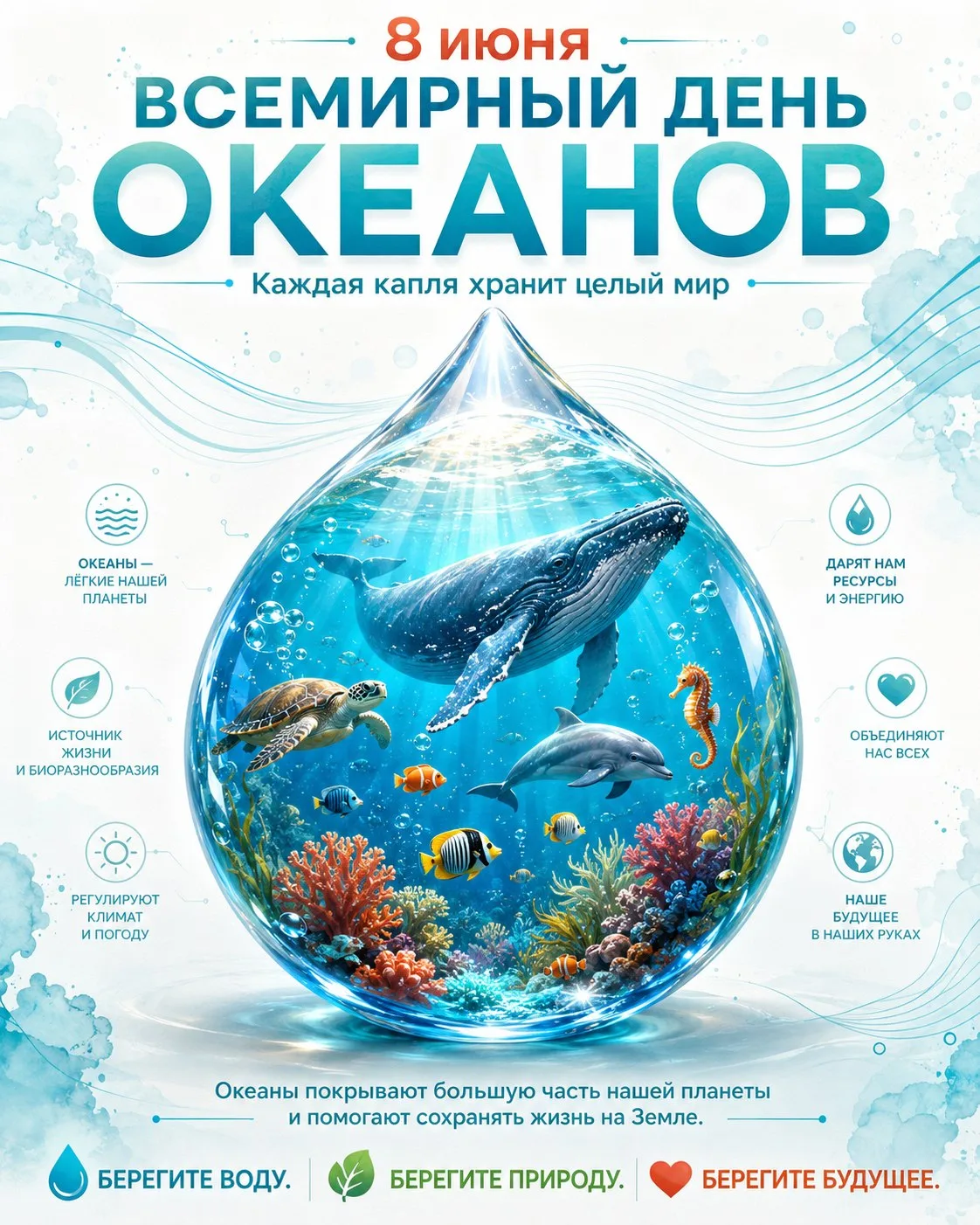 💥 8 июня — Всемирный день океанов
Представьте: в одной капле воды может отражаться целый океан...

