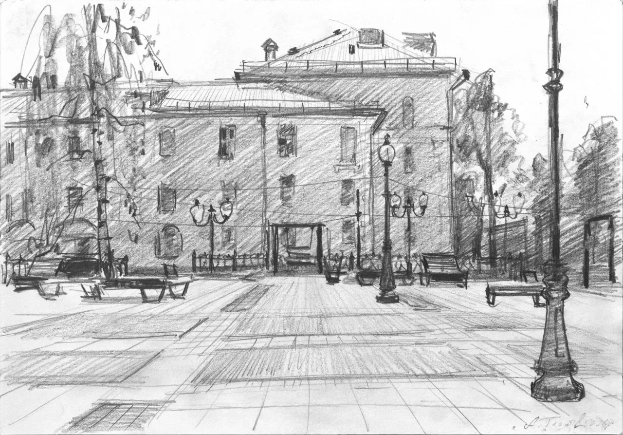 🎨 Художник: Андрей Городилов. «Июнь. Глазов. Дома у площади театра Парафраз», 20-30 см. Карандаш, б