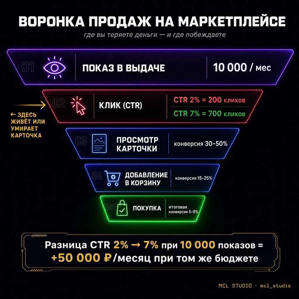 ЧАСТЬ 1. КАК УСТРОЕНА ВОРОНКА МАРКЕТПЛЕЙСА — И ГДЕ ВЫ ТЕРЯЕТЕ ДЕНЬГИ
Прежде чем говорить о визуале —