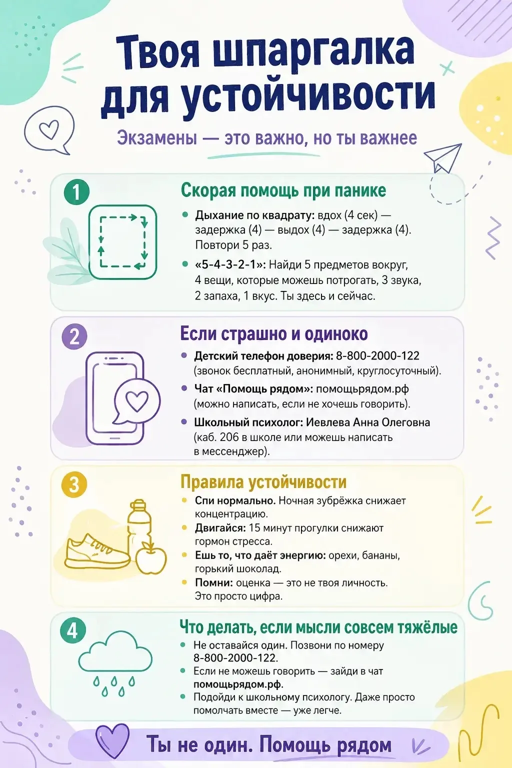 Уважаемые родители и ребята!
В период экзаменов самое важное — наша поддержка и спокойствие. Памятки