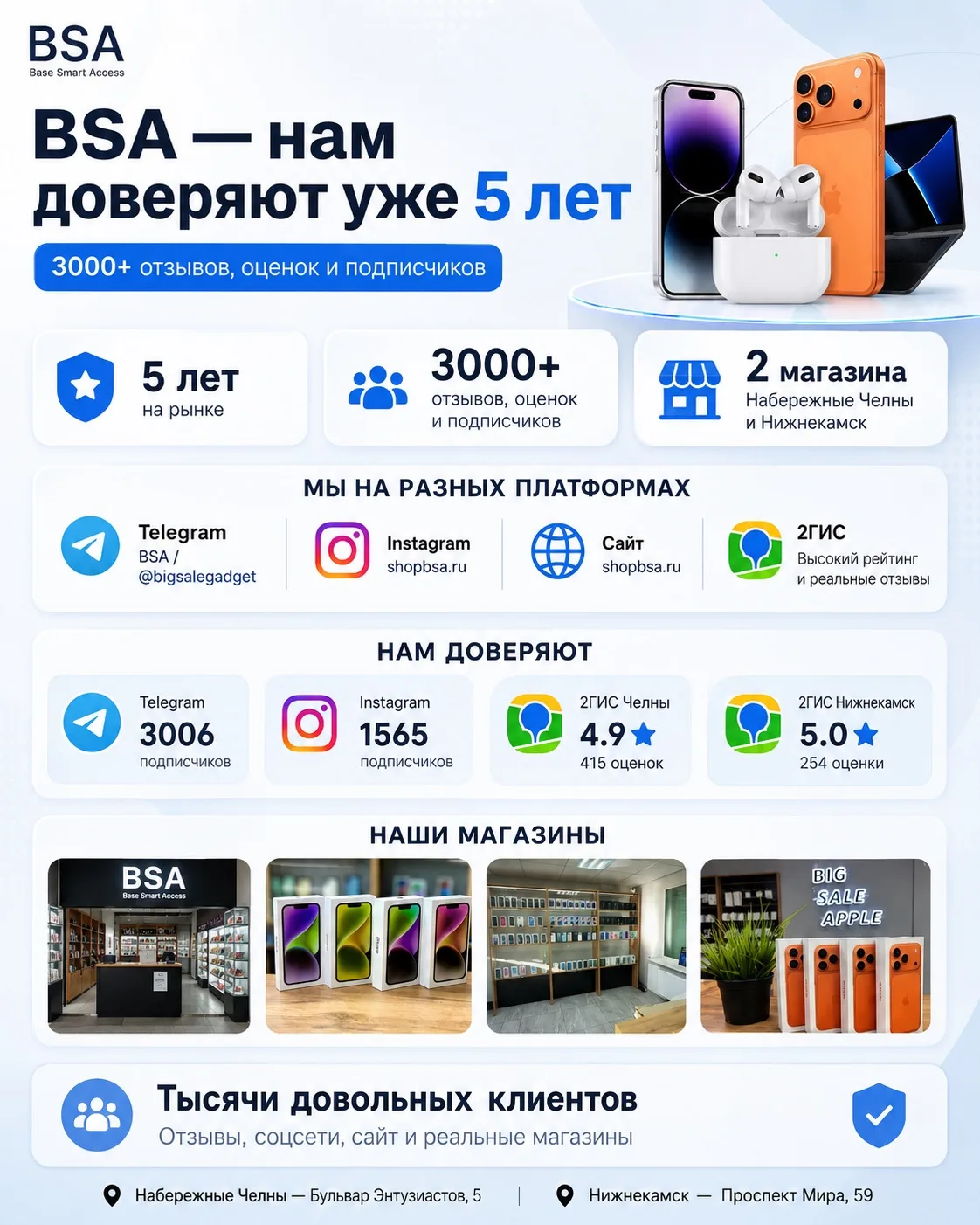 BSA — нам доверяют уже 5 лет 💙
Мы не просто страница в интернете — у нас есть реальные магазины, жи