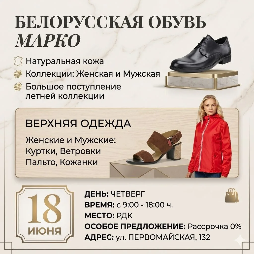 18 июня с 9-18 час.
в г. Новокубанск, РДК 
Распродажа кожаной Белорусской обуви "Марко"!
👩Женская и