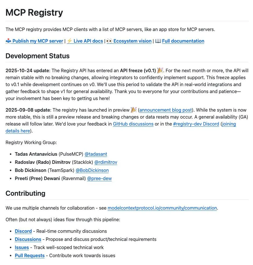 У Model Context Protocol есть официальный MCP Registry - community-driven реестр MCP-серверов, чтобы
