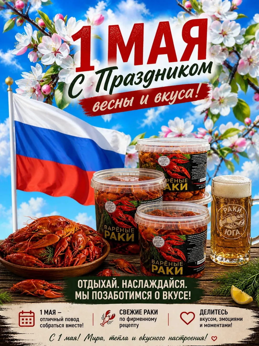 🌸 1 МАЯ — С ПРАЗДНИКОМ ВЕСНЫ И ВКУСА! 🌸

Отдыхай, наслаждайся. Мы позаботимся о вкусе!

Раковарня 