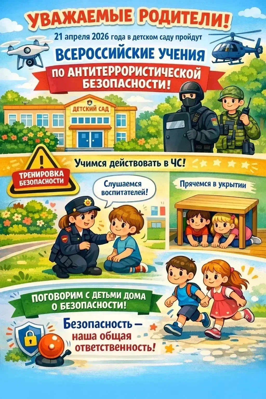 Уважаемые родители

Завтра , 21 апреля, в рамках Всероссийских учений в нашем детском саду будет про