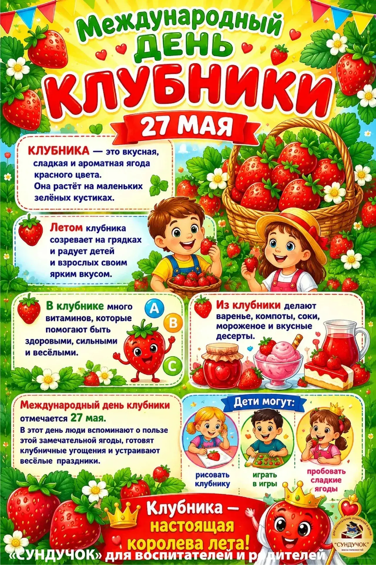27 Мая - Международный день клубники 🍓🍓🍓
Клубника — аппетитная и ароматная ягода. Эту ягоду любят