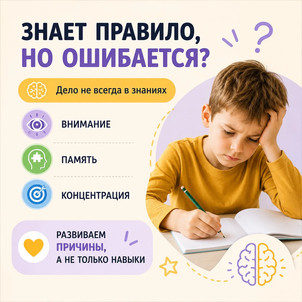 Почему ребёнок может делать ошибки, даже если знает правило? ❌

Часто родители говорят:

Он же учил 
